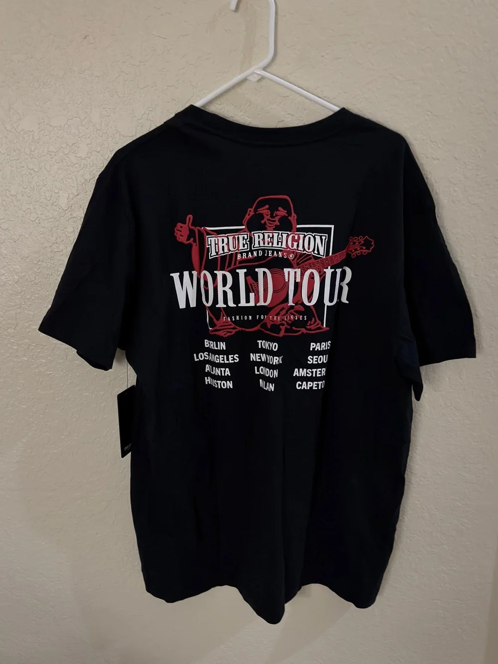True Religion Black Short Sleeve Tee with Red & White Logo